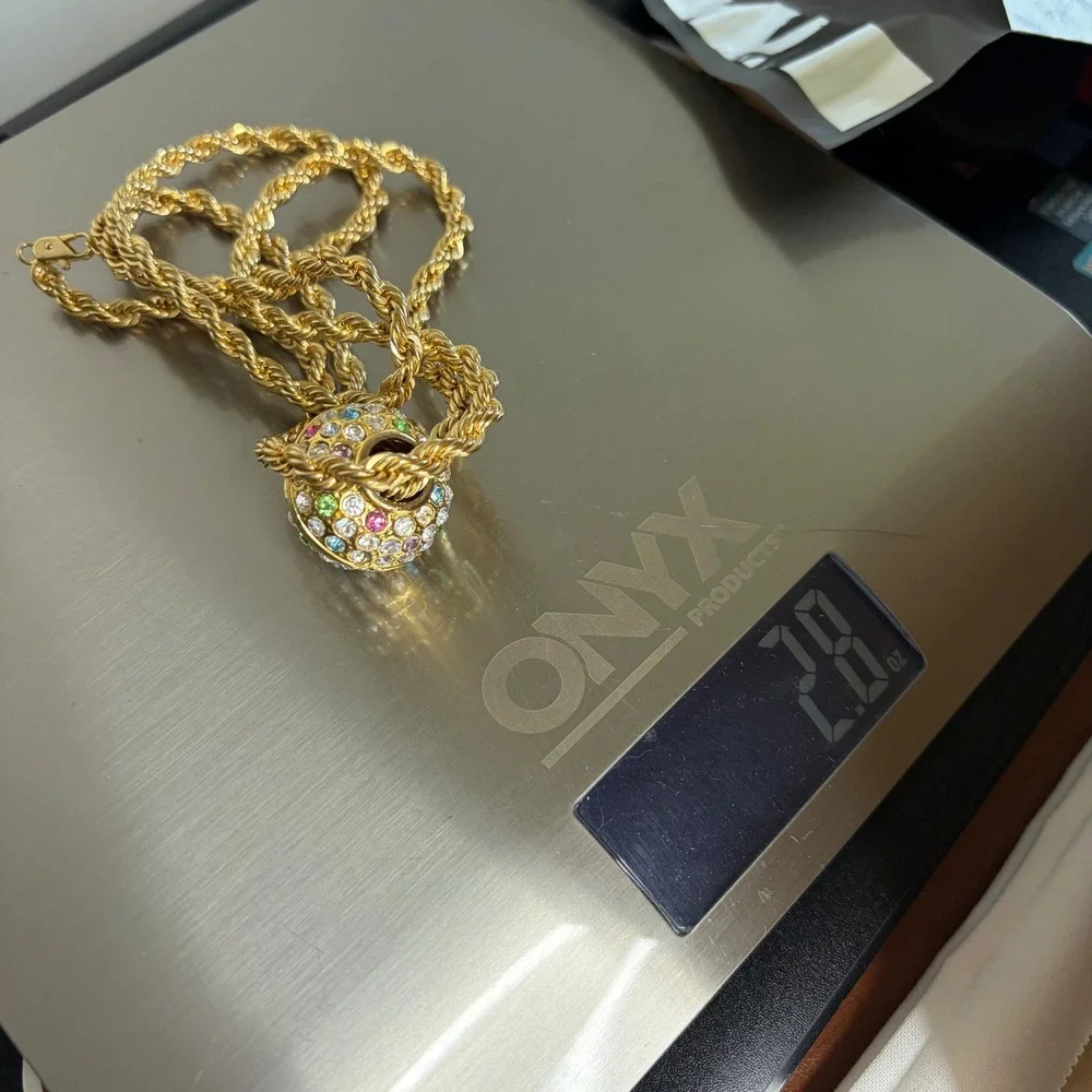 Gold Tone Rope Chain Multicolor Rhinestone Ball Slider Necklace Statement